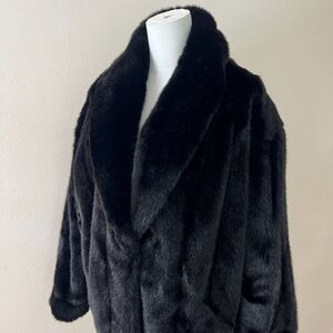 PRISTINE Vintage 80s Lilli Ann Faux Mink Jet Black Swing Coat Shawl Collar Sz XL